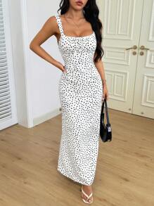 INAWLY Women Casual Vacation Polka Dot Cinched Waist Fitted Slip Dress