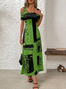 SHEIN LUNE 女式拼色连衣裙，适合夏季长款女装 - 橄欖綠 - 查看 6