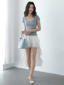 SHEIN Unity Falda asimétrica blanca de mujer con diseño frontal y trasero, falda de moda de encaje y parches de verano, falda elegante - Blanco - Ver 6