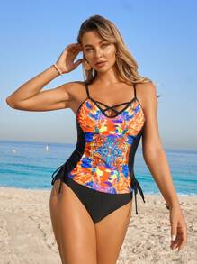 Swim Lushoire 2pcs/Set Summer Colorful Printed Strap Side Drawstring Tie-Up Crop Top And High Waist Shorts Tankinis Swimwear For Beach - Multicolor - View 1