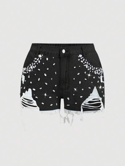 SHEIN MOD 大码女式水钻装饰口袋做旧时尚牛仔短裤