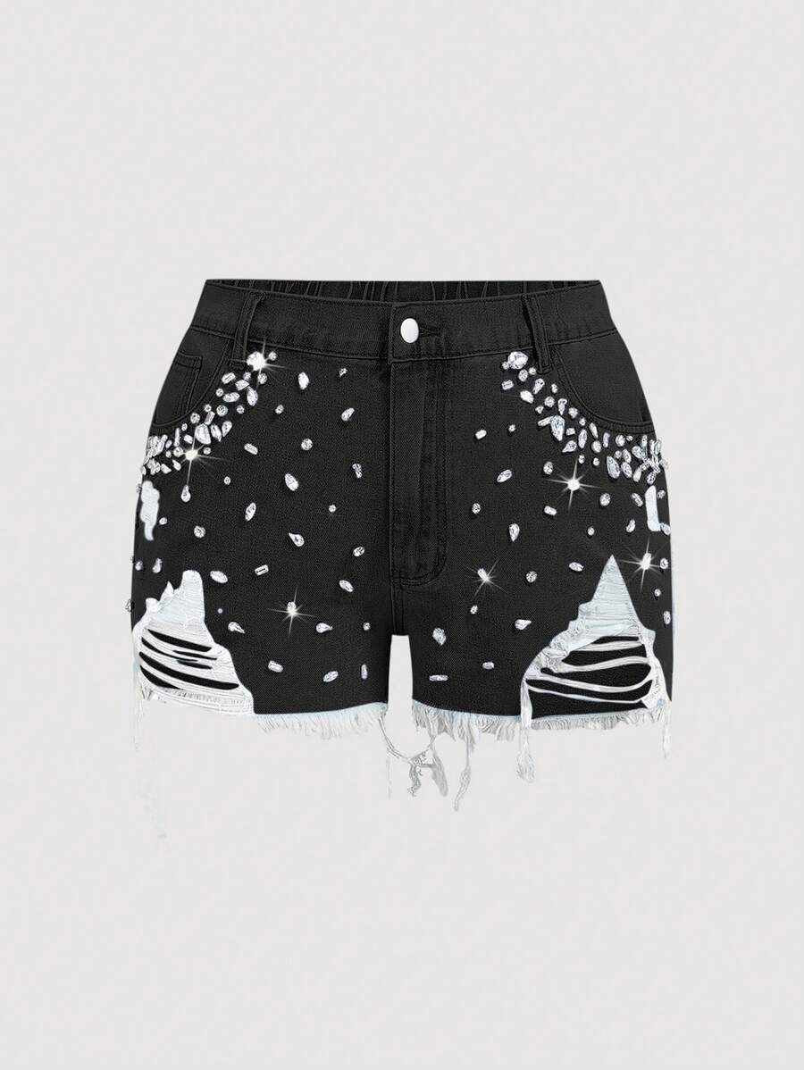 SHEIN MOD Short en jean déchiré à la mode avec décor de strass pour femmes grande taille