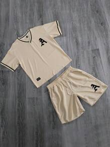 Manfinity Homme 男士字母印花V领短袖休闲T恤和抽绳腰短裤套装