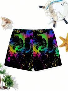 青少年男孩休闲时尚涂鸦彩色图案印花宽松沙滩短裤，适合夏季、海滩、户外、游泳