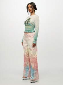 SUMWON WOMEN Áo thun tay dài co giãn lưới cắt cúp nhẹ họa tiết cây cọ Santa Monica cho kỳ nghỉ hè tại khu nghỉ dưỡng bãi biển - Màu xanh Bạc hà - Xem 5