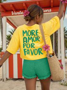 SHEIN Unity Camiseta de manga corta de cuello redondo con estampado de lema, de talla grande, de verano