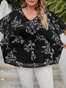 SHEIN CURVE+ 大码女式V领短袖雪纺印花荷叶边袖口宽松衬衫 - 彩色 - 查看 9