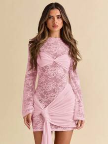SHEIN BAE Váy Giáng sinh dài tay ren ren đỏ rượu gợi cảm, thích hợp cho câu lạc bộ, hẹn hò, đi chơi đêm, phù dâu cưới, tiệc trang trọng - Màu Hồng  San hô - Xem 6