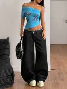 StreetHx Multi-Way Wrap Around Graffiti Print Versatile Peasant Shoulder Shirt, Unique Crop Top For Women - Multicolor - View 4