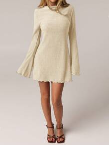 SHEIN Forever 21 1pc Women Casual Solid Color Elegant Flare Sleeve Dress, Spring/Summer - Apricot - View 3