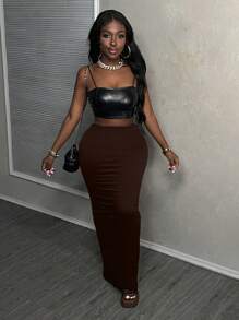 Slaydiva 2 件棕色豹纹低腰紧身美人鱼长裙，豹纹图案，女士适用 - 彩色 - 查看 10