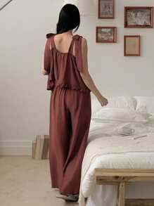 DAZY 女士简约纯色荷叶边下摆吊带背心和裤子睡衣套装，家居服 - 棕色 - 查看 2