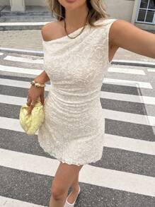 Serisse 女士纯色简约日常休闲斜肩短款连衣裙 - 杏色 - 查看 4