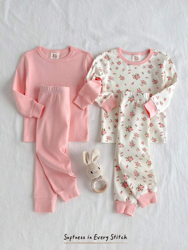 Cozy Pixies 4pcs Baby Girl Multipack Long Sleeve Plant & Floral Print Snug Fit Pajama Set -  Tight Fit Pajama Tight  Soft Knit Crewneck Long Sleeve Top And Elastic Waist Slim Pants Baby Girl Pajama Sets Wildflower Baby Clothes Baby Girl Clothes Floral Baby Pajamas Fall Winter