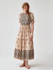 Florisole 波西米亚拼色连衣裙，夏季 - 杏色 - 查看 1