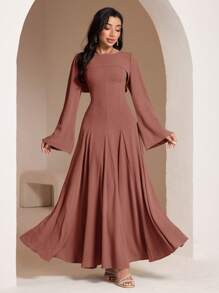 Veilorie 2pcs Women Solid Color Long Sleeve Cropped Top And Halter Neck Dress Elegant Set - Red - View 5