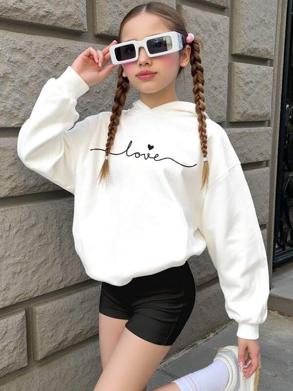 SHEIN Casual Simple Hand-Drawn Letter Print Tween Girls Loose Fit Long Sleeve Hoodie Sweatshirt