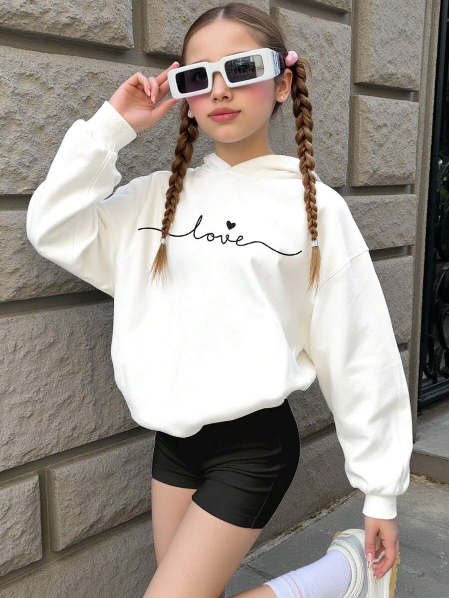 SHEIN Leap Crew Casual Simple Hand-Drawn Letter Print Tween Girls Loose Fit Long Sleeve Sweatshirt,In Fall/Winter - White - View 1