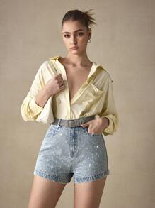 SHEIN BAE Damen Skinny Lässig Jeans-Shorts mit Taschen - Blau - Übersicht 5