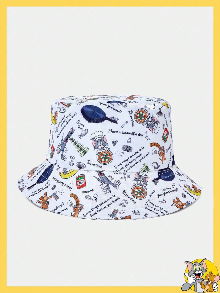 TOM & JERRY X SHEIN Reversible White Allover Print Bucket Hat
