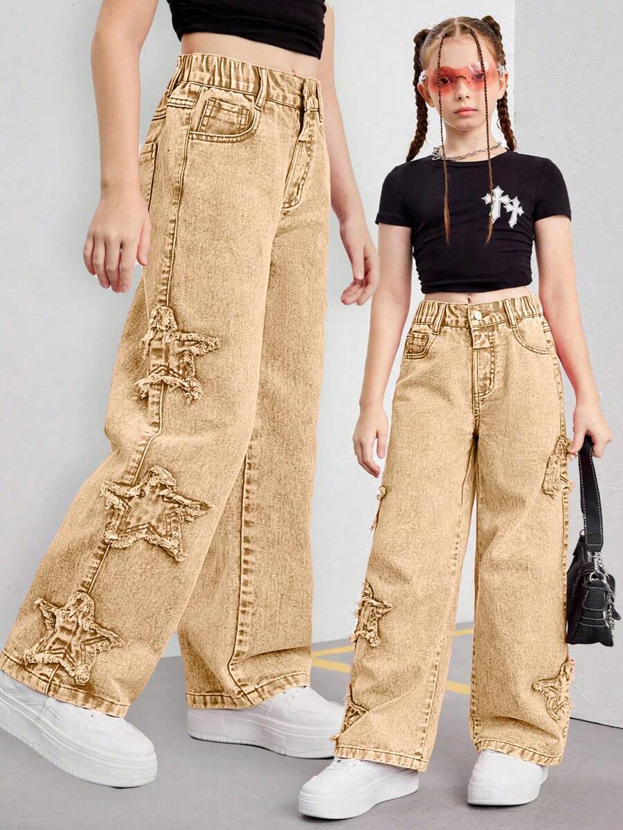 SHEIN Tween Girls Y2K 风格粉色刺绣星星阔腿牛仔裤，时尚街头休闲百搭时尚女孩四季必备单品 - 卡其色 - 查看 1