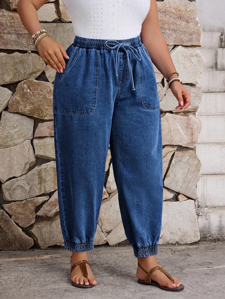 EMERY ROSE 加大码纯色口袋抽绳腰锥形时尚牛仔裤 - 深色水洗藍 - 查看 1