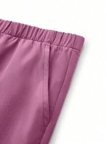 TaskEZ 纯色V领短袖口袋上衣和裤子制服套装 - 玫瑰紅 - 查看 6