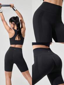 GLOWMODE 6" Seamless Stretchy Sweat-Wicking Tummy Control No-Front Seam Butt Scrunch High-Rise Waist Biker Shorts Medium Impact Running Training Gym Studio Daily Active Wear