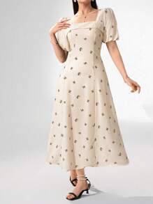 Heiryn Women Ditsy Floral Square Neck Puff Sleeve Dress, Elegant