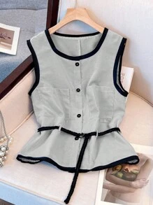 Franclia بلوزة رباط كاجوال للنساء بألوان كتل مخططة بدون أكمام، مناسبة للربيع والصيف