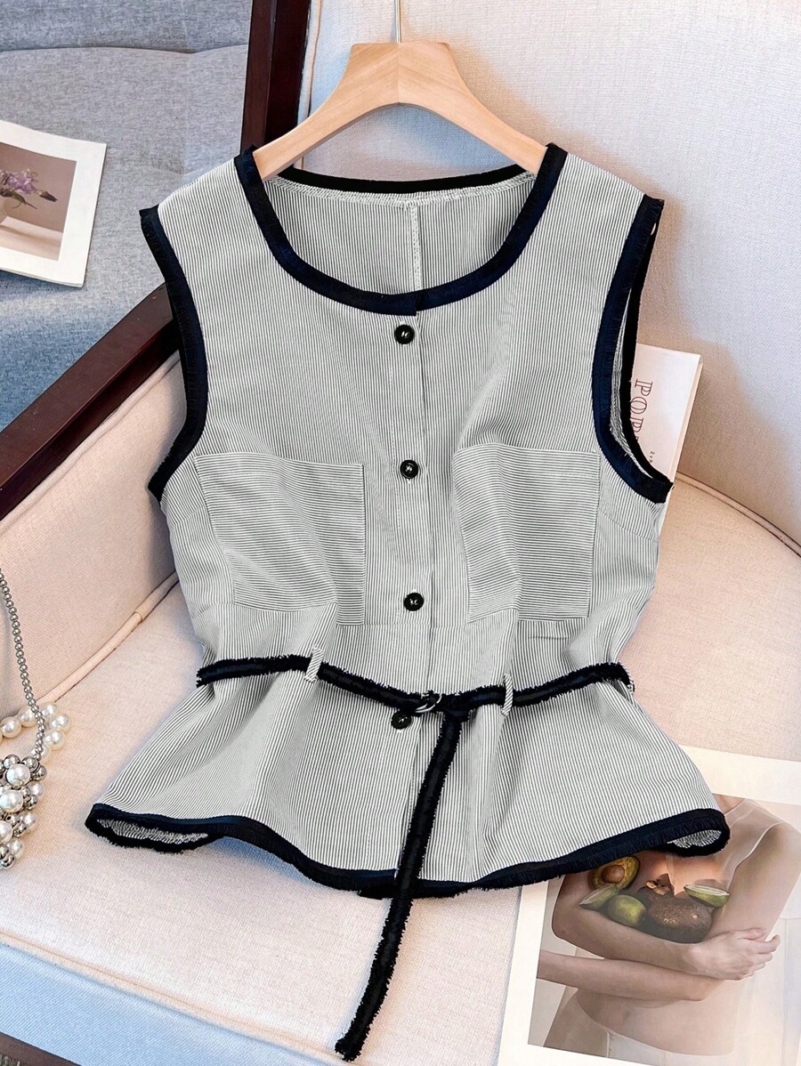 Franclia بلوزة رباط كاجوال للنساء بألوان كتل مخططة بدون أكمام، مناسبة للربيع والصيف