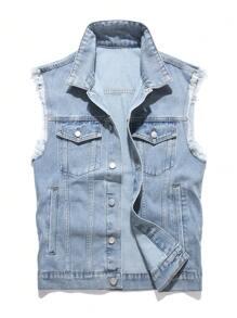 Manfinity EZcore 男式磨损实用口袋单排扣休闲牛仔背心 - 淺色水洗藍 - 查看 1