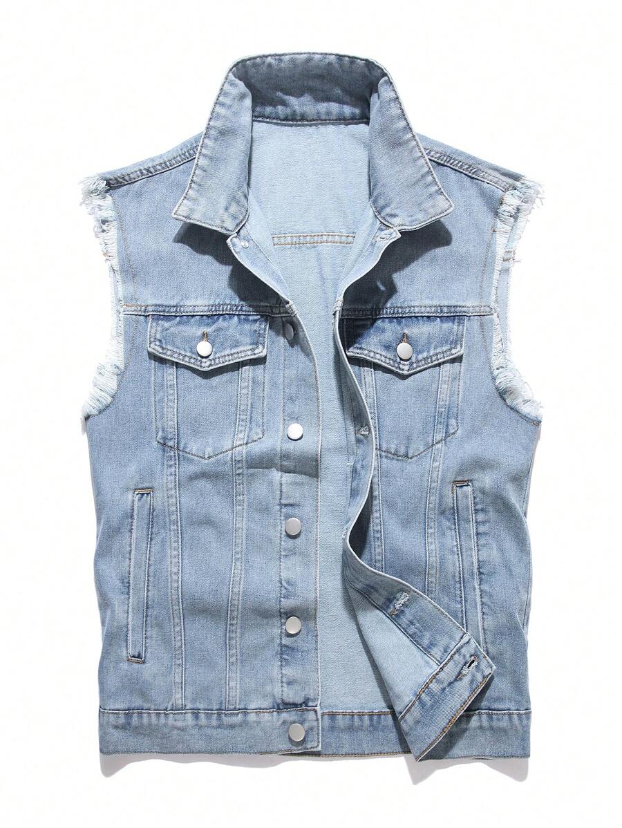 Manfinity EZcore 男式磨损实用口袋单排扣休闲牛仔背心 - 淺色水洗藍 - 查看 1