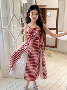 Dazy Kids Girl's Fashionable Plaid Cami Dress - Red and White - View 8
