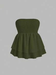 SHEIN MOOSTA 大码女式纯色双层荷叶边下摆抹胸上衣，度假风格