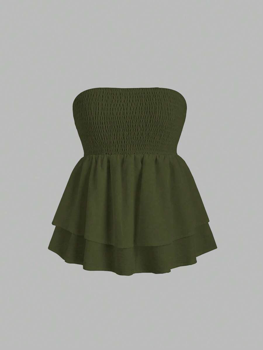 SHEIN MOOSTA 大码女式纯色双层荷叶边下摆抹胸上衣，度假风格