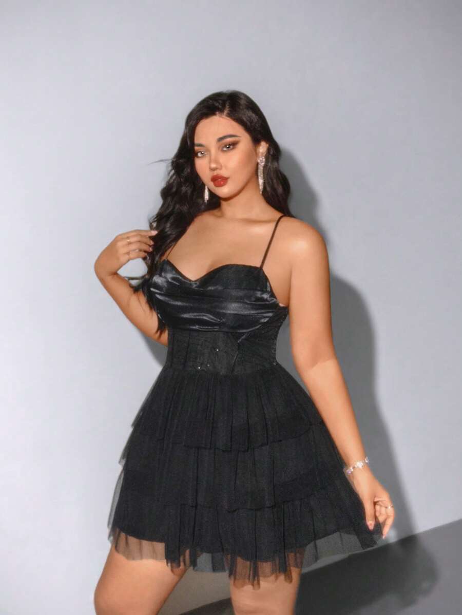Viva Relle Plus Size Dark Sequin Punk Cami Dress For Rave, - Black - View 1