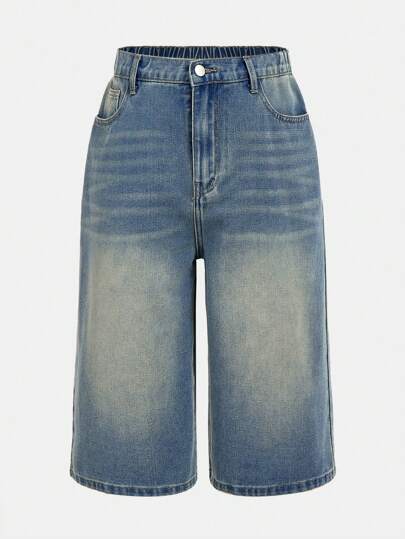 Teen Boy 13yrs+ Vintage Washed All-Match 5-Pocket Wide Leg Mid-Waist Jeans Shorts, Elastic Waistband, Zipper & Button Closure, Essential For Spring/Summer, Retro Casual Streetwear, Music Festival, Daily