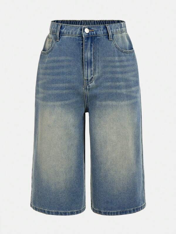 Garçon adolescent 13 ans+ Short en jean à jambes larges à taille mi-haute, lavage vintage tout-aller, taille élastique, fermeture éclair et bouton, essentiel pour le printemps/été, streetwear décontracté rétro, festival de musique, usage quotidien