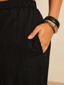 Freevana 大码白色纹理面料休闲阔腿裤，带口袋，适合海岛度假、情人节 - 黑色 - 查看 4