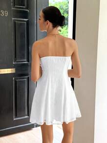 Rafferiza 时尚性感提花露肩收腰复古法式蝴蝶结装饰女式连衣裙 - 白色 - 查看 2