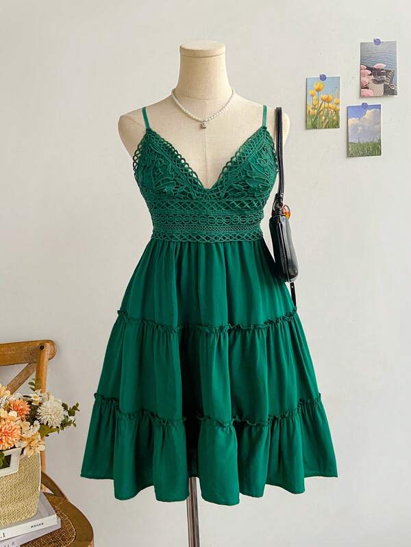 Soleia Guipure Lace Insert Layered Hem Tie Back Cami Dress