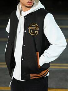 Manfinity Homme 男士秋冬休闲撞色条纹背心 男士运动夹克 棒球夹克 男士橄榄球夹克 运动夹克 男士无袖橄榄球夹克 - 黑色 - 查看 1