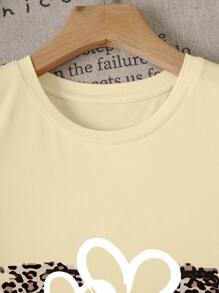 INAWLY Leopard Heart Heart Sequins Khaki Labeled Casual Women's T-Shirt - Khaki - View 4