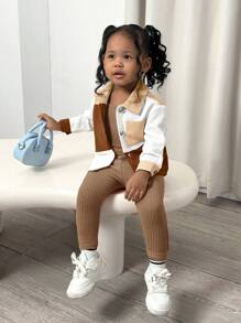 SHEIN 3 قطع مجموعة جاكيت معطف مخمل مربعات ألوان طوي الياقة وبنطلون خصر مطاطي للفتيات الصغار، الألوان: وردي، أزرق، أبيض، ملابس كاجوال للخارج ، خريف/شتاء