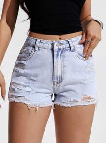 SHEIN EZwear 女式休闲水洗破洞牛仔短裤 - 淺色水洗藍 - 查看 6