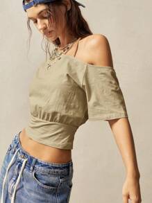 Bohemela 1 件女式纯色针织不对称肩部短款上衣 - 卡其色 - 查看 3