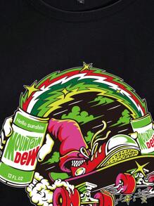 Mountain Dew X SHEIN Plus Size Women Summer Casual Cool Roller Skate Printed Loose Drop Shoulder Short Sleeve Black T-Shirt - Black - View 6