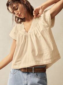 Bohemela Áo sơ mi tay ngắn rộng rãi cổ chữ V dệt màu trơn cho nữ - Màu Khaki - Xem 3