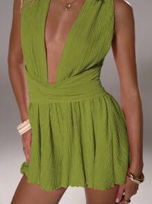 TRNVIE 夏季粉色性感纹理吊带露背蝴蝶结度假沙滩连体衣女款 - 綠色 - 查看 7